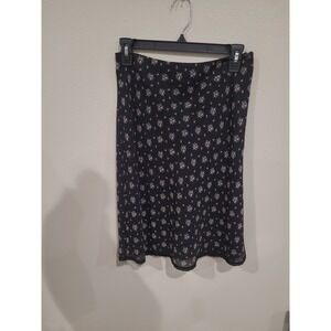 Ann Taylor Loft Women SZ 2 black ecru floral print modest skirt side zip career